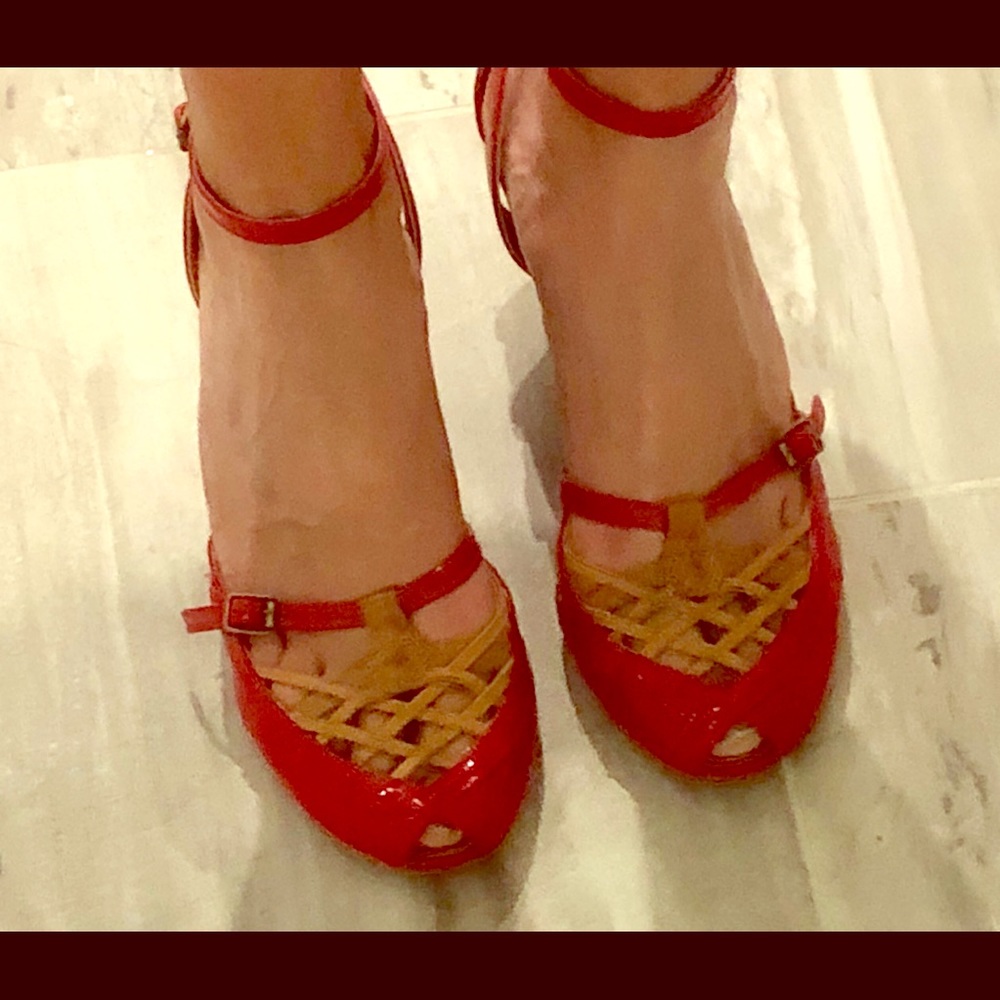 Red Patent Leather Peep Toe Wedge Sandal